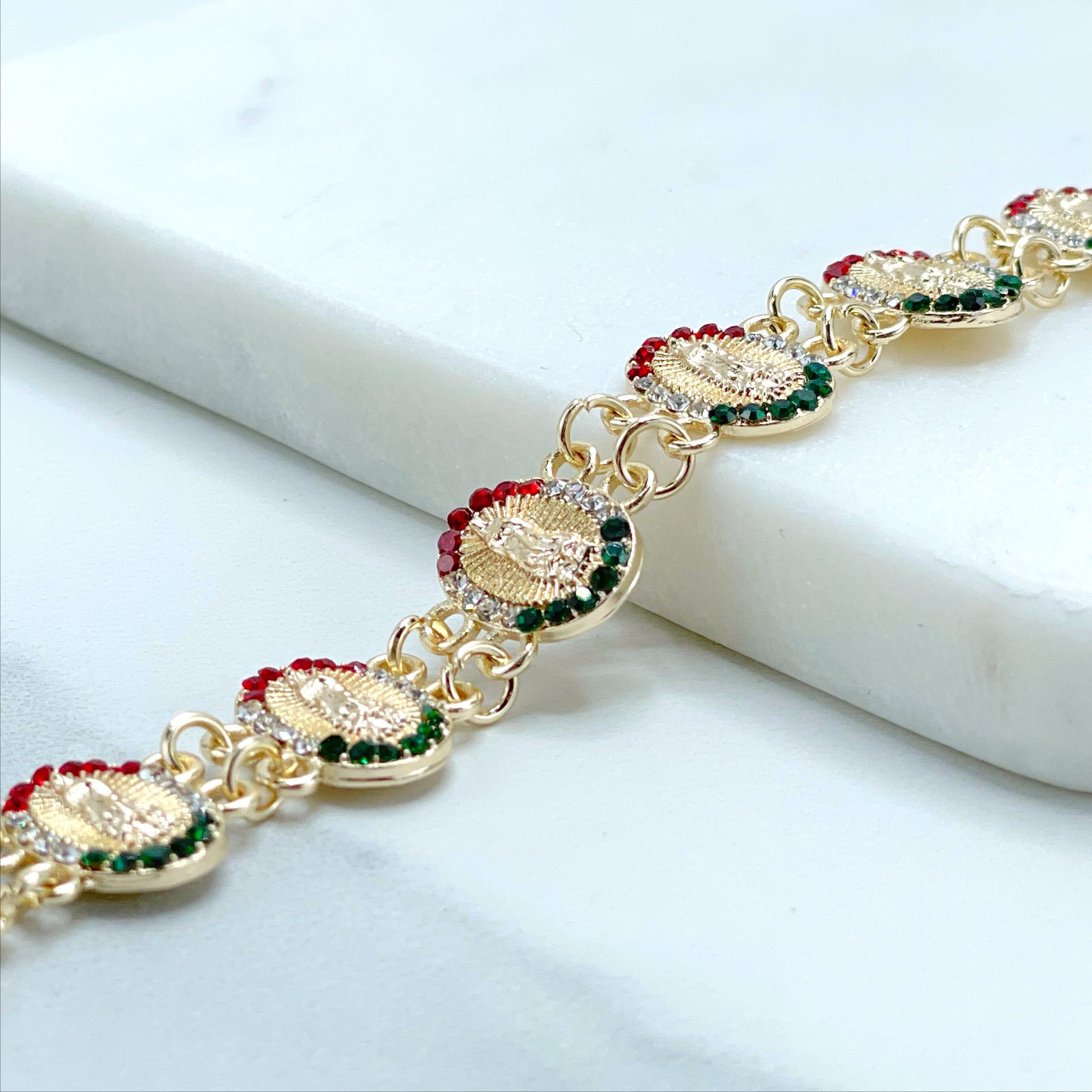 18k Gold Filled Three Red, White and Green Zirconia, Guadalupe Virgin Bracelet, Wholesale and Jewelry Supplies