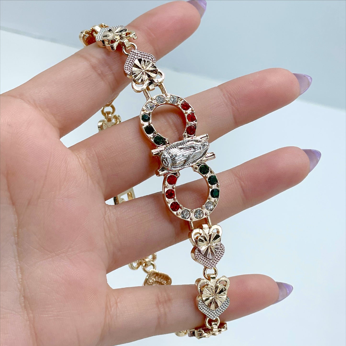 18k Gold Filled Three Tone Rose Hearts, Red, White and Green Zirconia, Guadalupe Virgin Bracelet, Wholesale and Jewelry Supplies