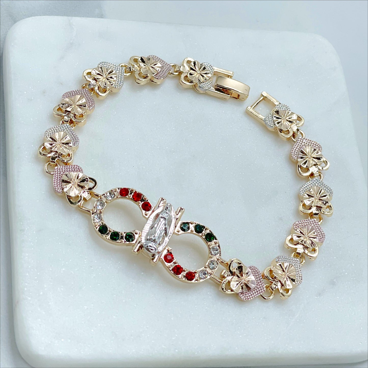 18k Gold Filled Three Tone Rose Hearts, Red, White and Green Zirconia, Guadalupe Virgin Bracelet, Wholesale and Jewelry Supplies