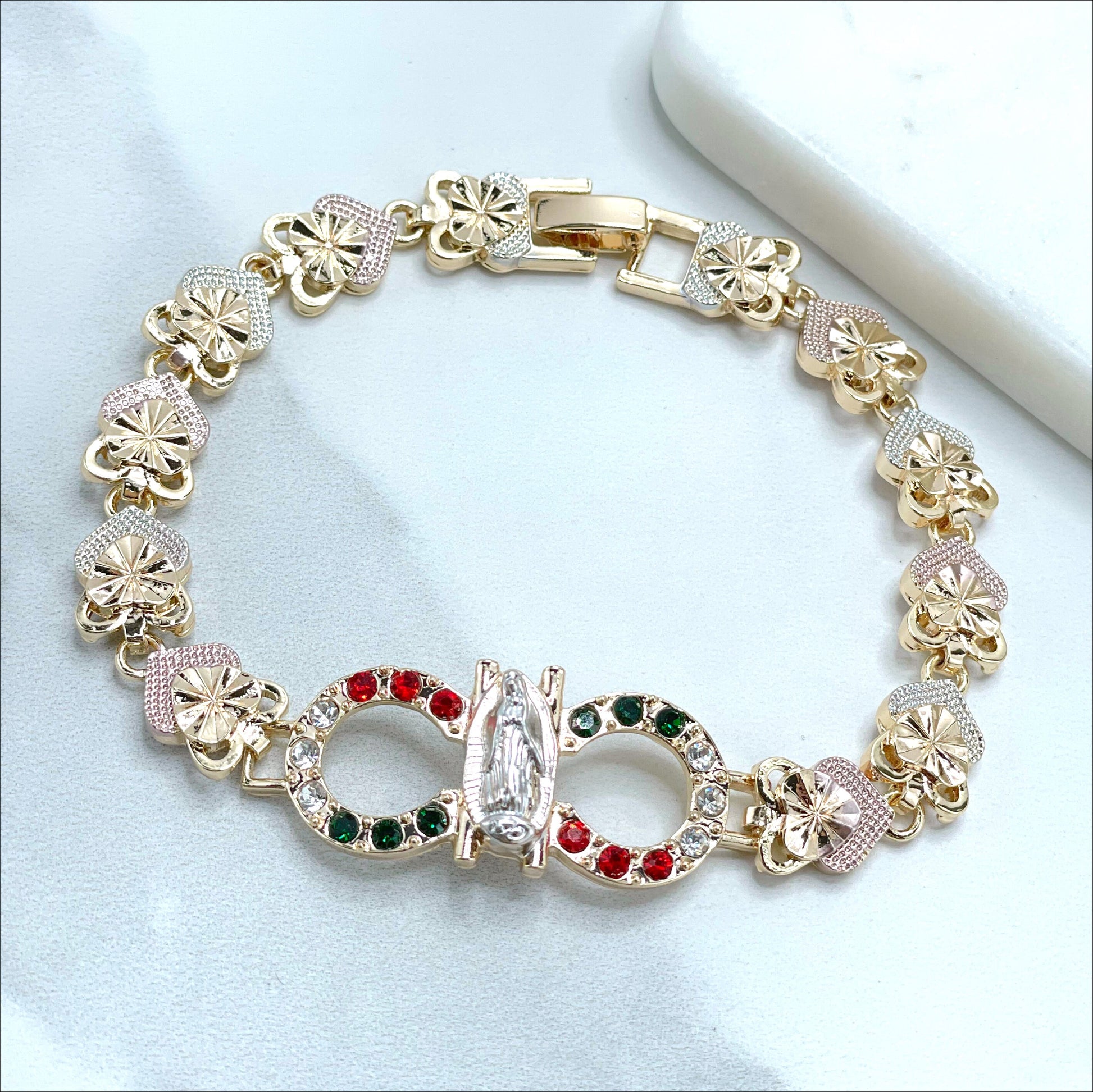 18k Gold Filled Three Tone Rose Hearts, Red, White and Green Zirconia, Guadalupe Virgin Bracelet, Wholesale and Jewelry Supplies