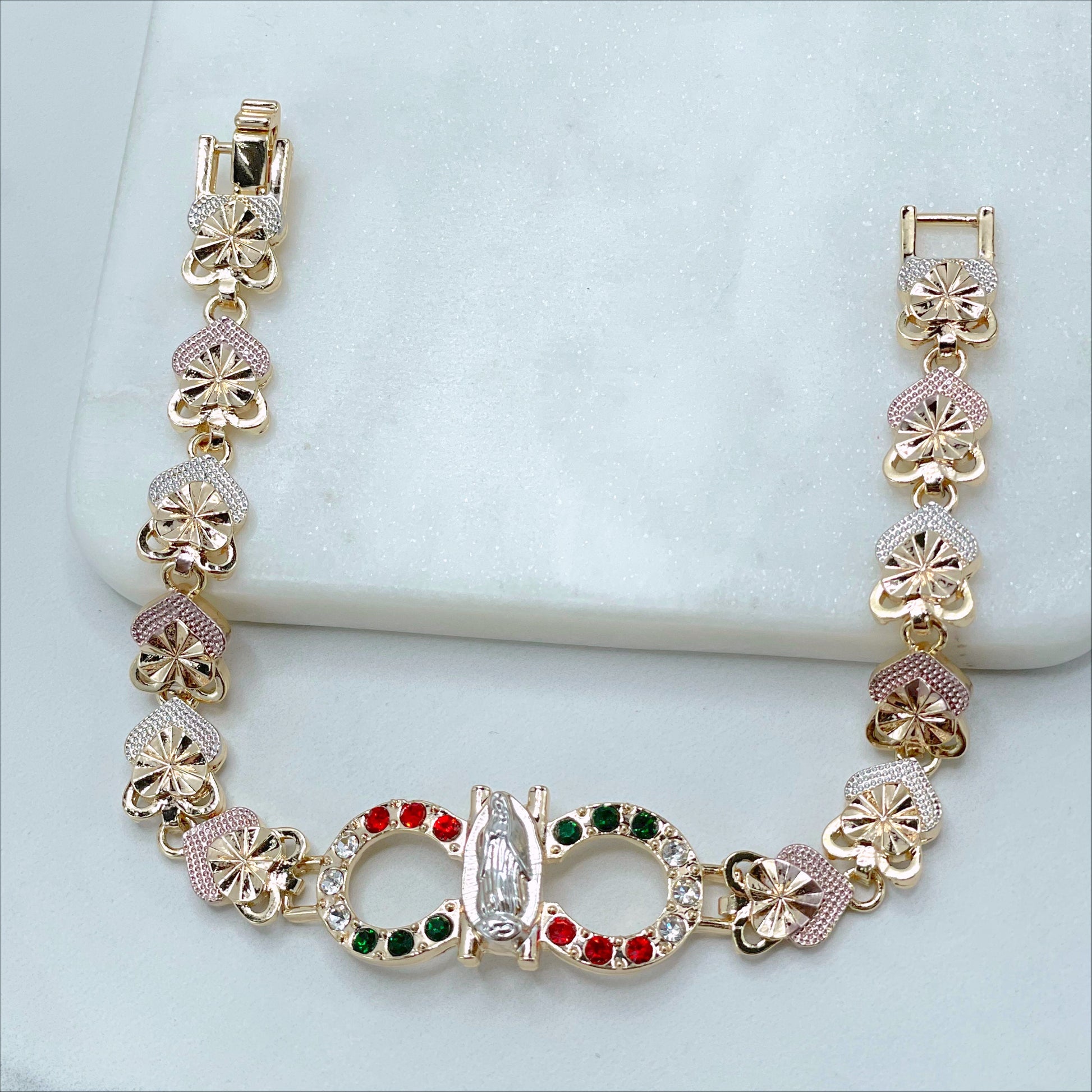 18k Gold Filled Three Tone Rose Hearts, Red, White and Green Zirconia, Guadalupe Virgin Bracelet, Wholesale and Jewelry Supplies