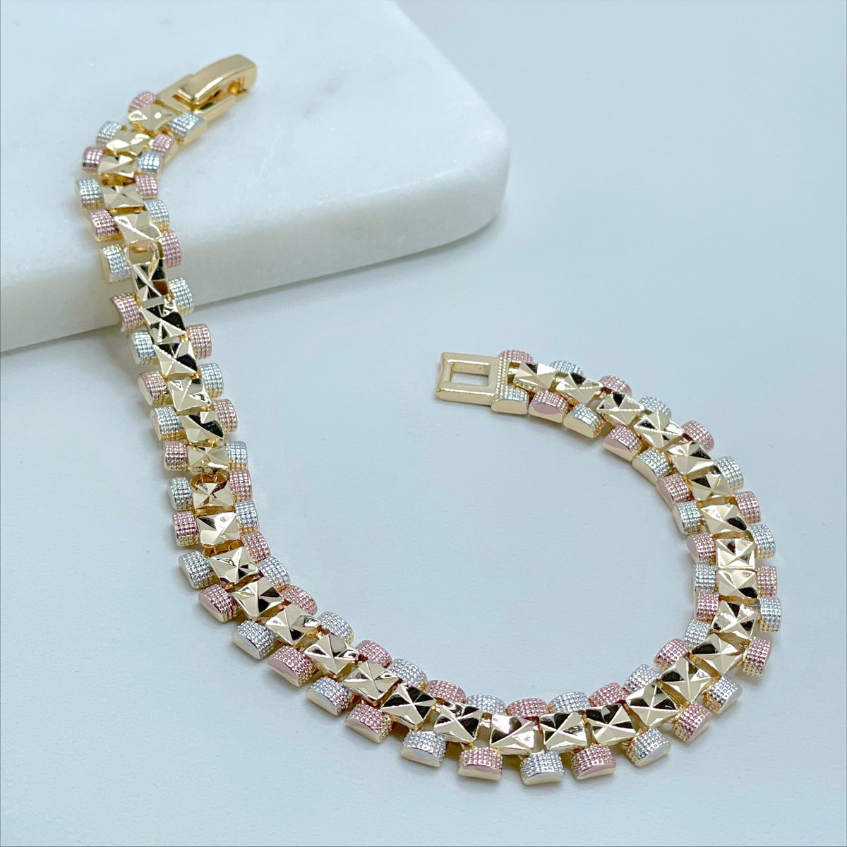 18k Gold Filled Three Tri Tone Texturized Square 8 inches Linked Bracelet, Wholesale Jewelry Making Supplies