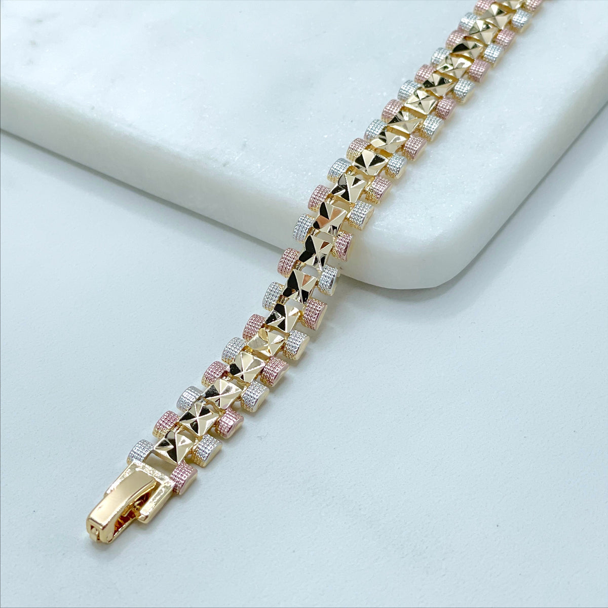 18k Gold Filled Three Tri Tone Texturized Square 8 inches Linked Bracelet, Wholesale Jewelry Making Supplies