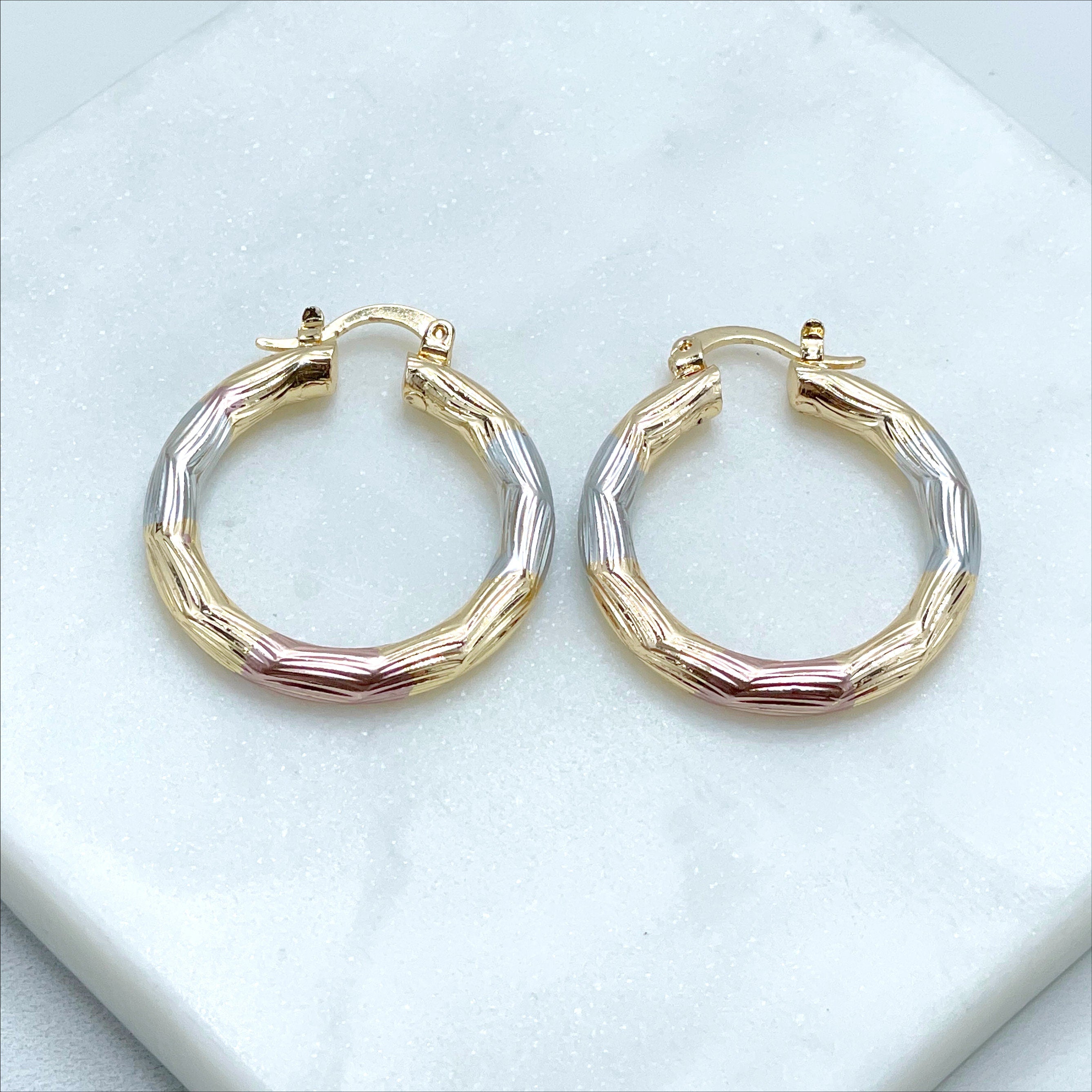 18k Gold Filled Three Tone, Tri Color 30mm Textured Hoop Earrings