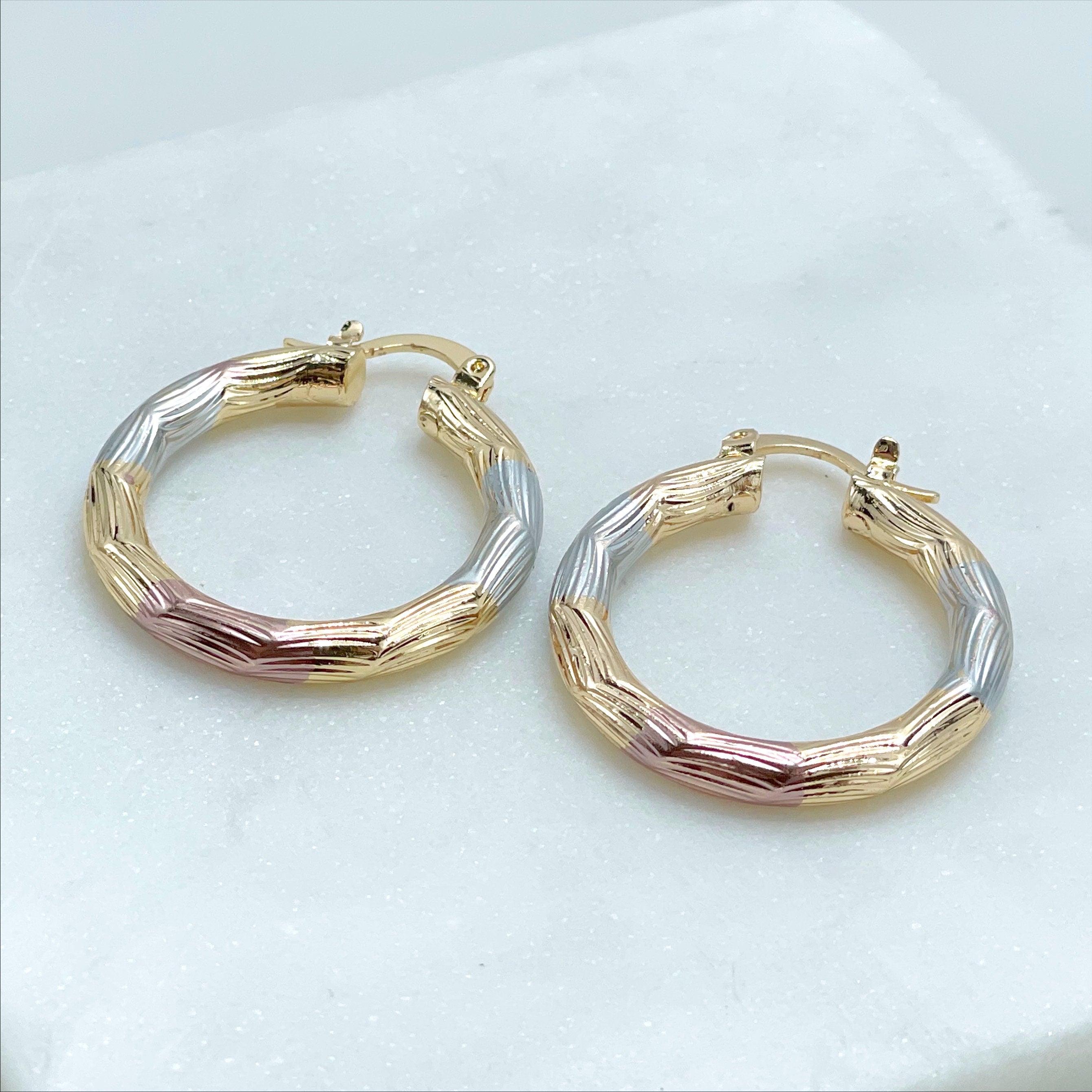18k Gold Filled Three Tone, Tri Color 30mm Textured Hoop Earrings, 4mm  Thickness Wholesale Jewelry Making Supplies