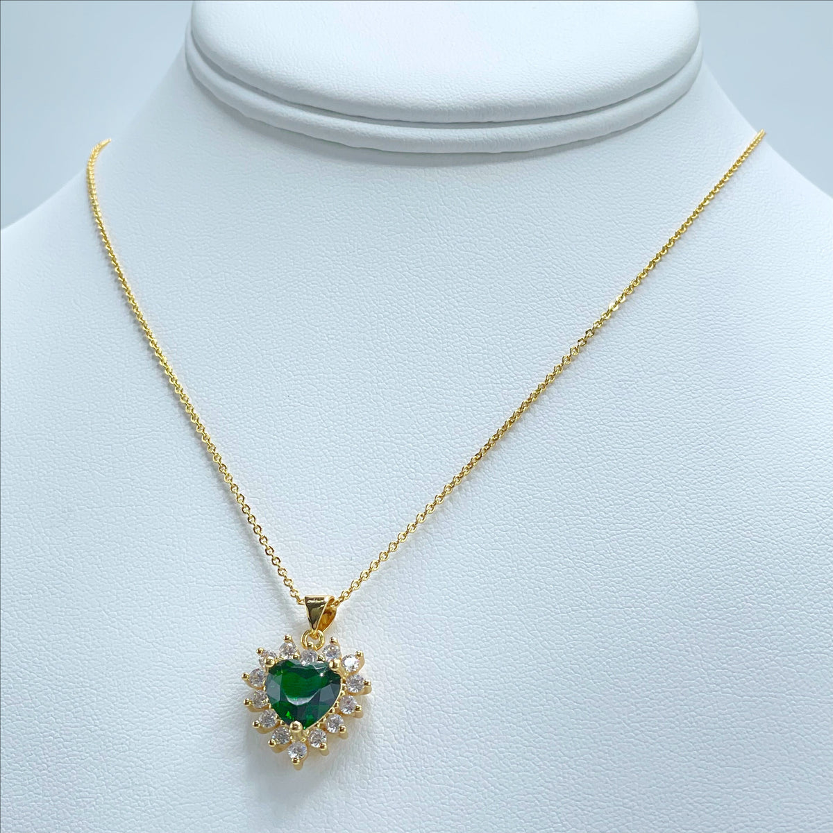 18k Gold Filled 1mm Rolo Chain with Green Heart Cubic Zirconia Necklace and Earrings Set, Wholesale Jewelry