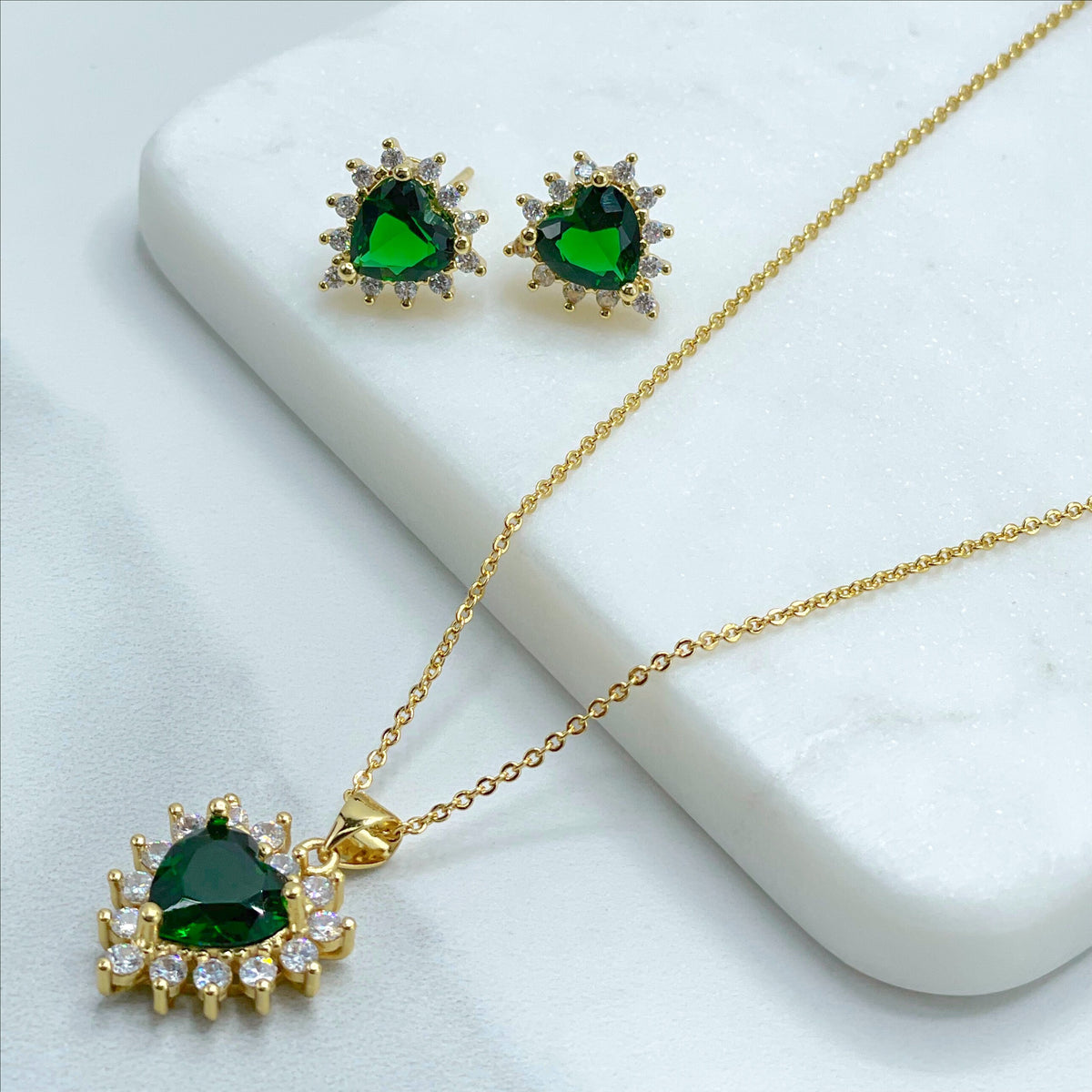 18k Gold Filled 1mm Rolo Chain with Green Heart Cubic Zirconia Necklace and Earrings Set, Wholesale Jewelry