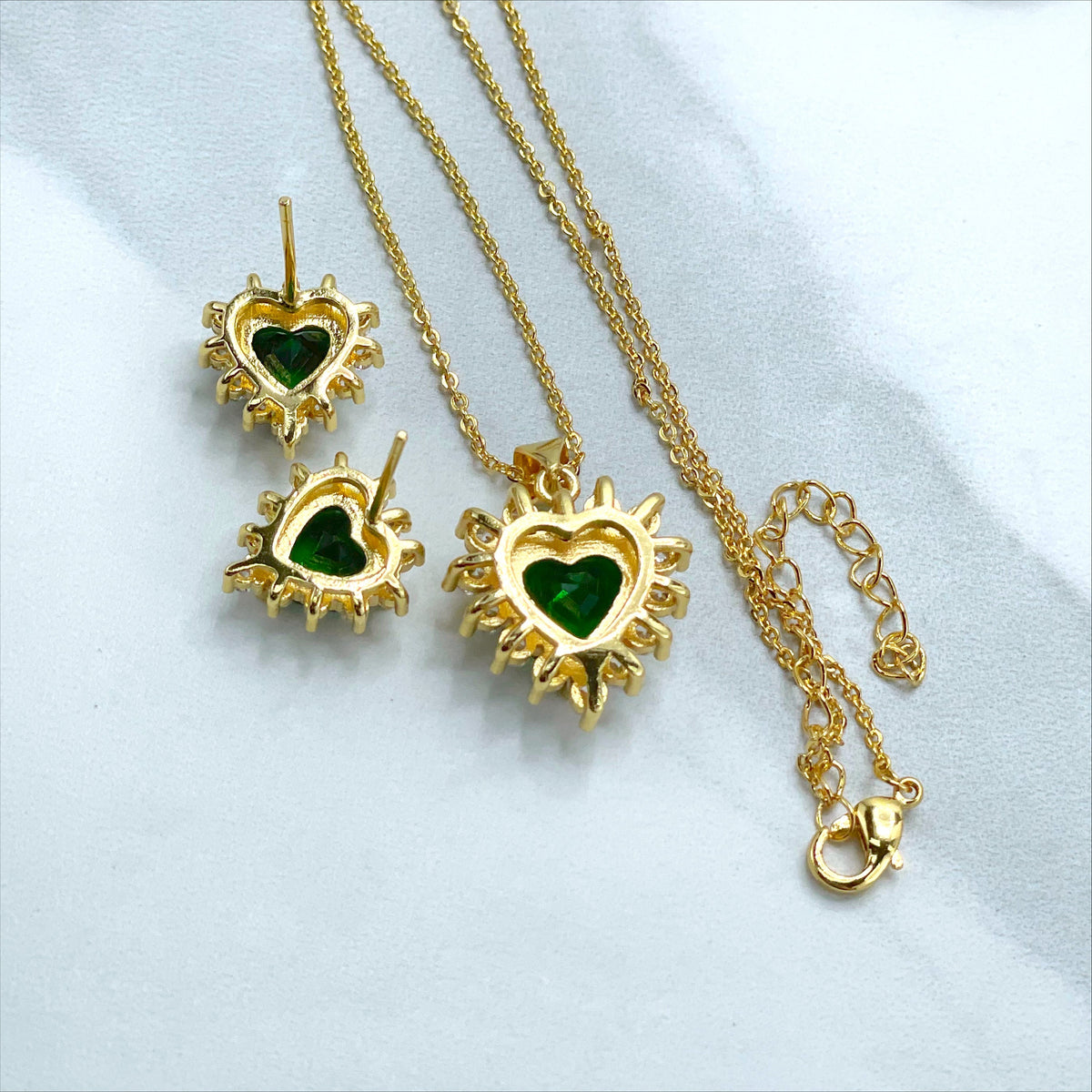 18k Gold Filled 1mm Rolo Chain with Green Heart Cubic Zirconia Necklace and Earrings Set, Wholesale Jewelry