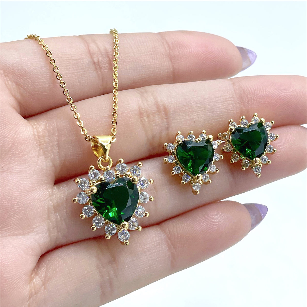 18k Gold Filled 1mm Rolo Chain with Green Heart Cubic Zirconia Necklace and Earrings Set, Wholesale Jewelry