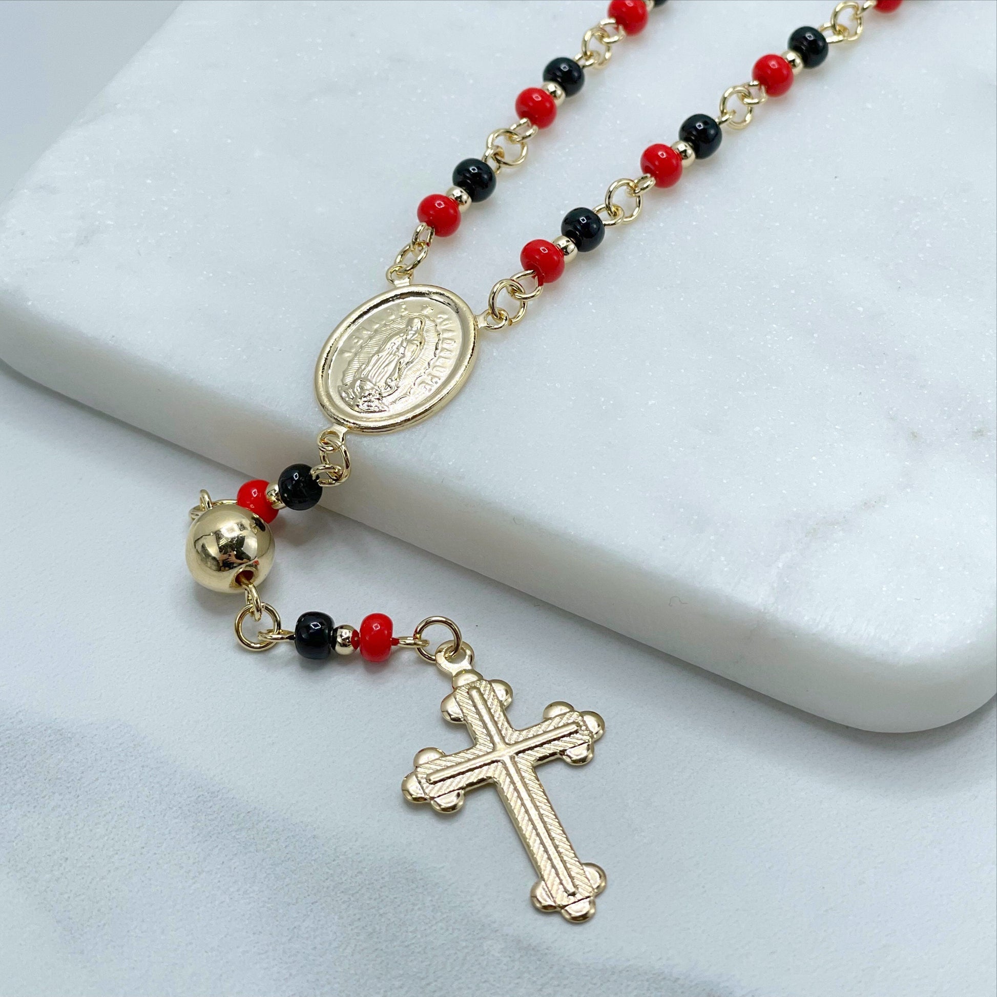 18k Gold Filled Black and Red Beads Simulated Azabache Guadalupe Virgin Beaded Rosary Necklace  Religious Wholesale Jewelry