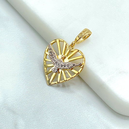 18k Gold Filled, Heart, Silver Peace Bird, Pendant Charms, Wholesale Jewelry Making Supplies