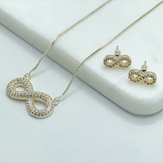 18k Gold Filled 1mm Box Chain with Clear Micro Cubic Zirconia Infinity Sign Charm Necklace and Earrings Set, Wholesale Jewelry Supplies