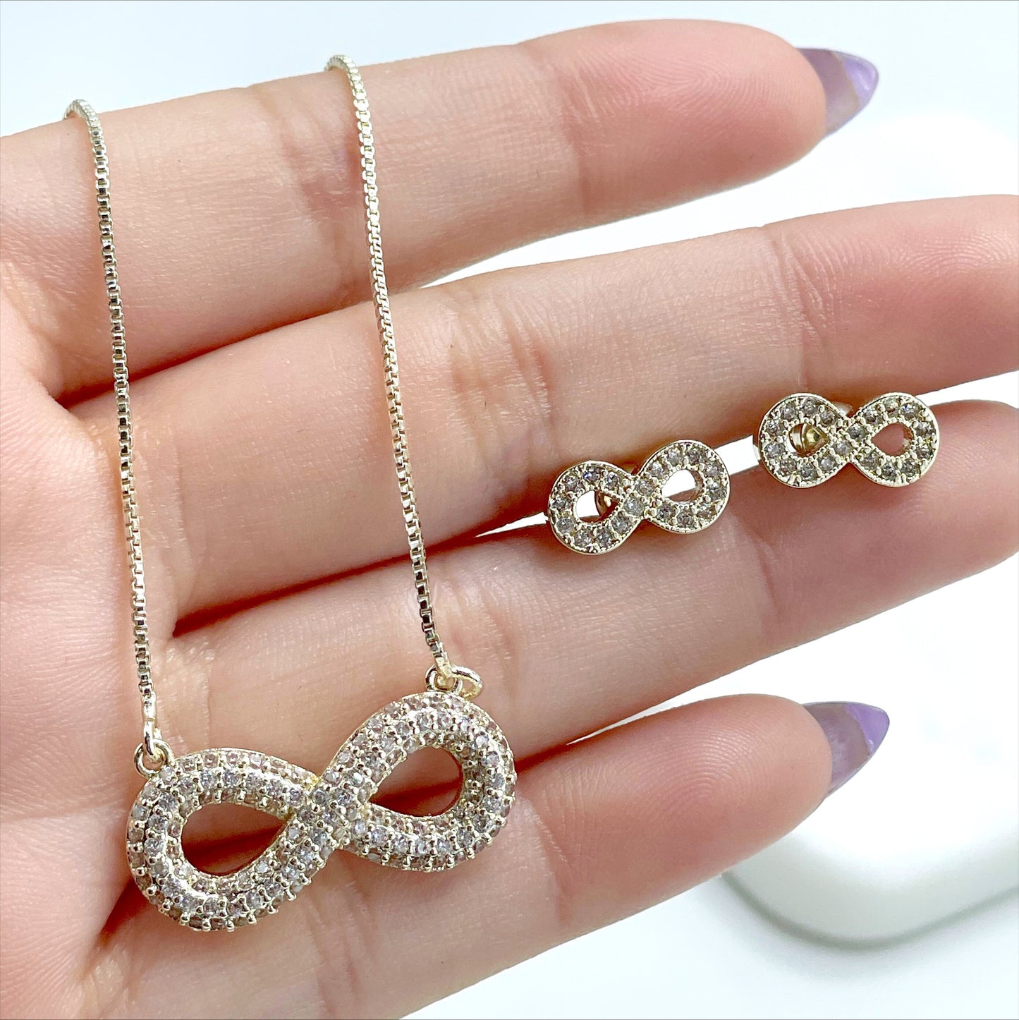 18k Gold Filled 1mm Box Chain with Clear Micro Cubic Zirconia Infinity Sign Charm Necklace and Earrings Set, Wholesale Jewelry Supplies