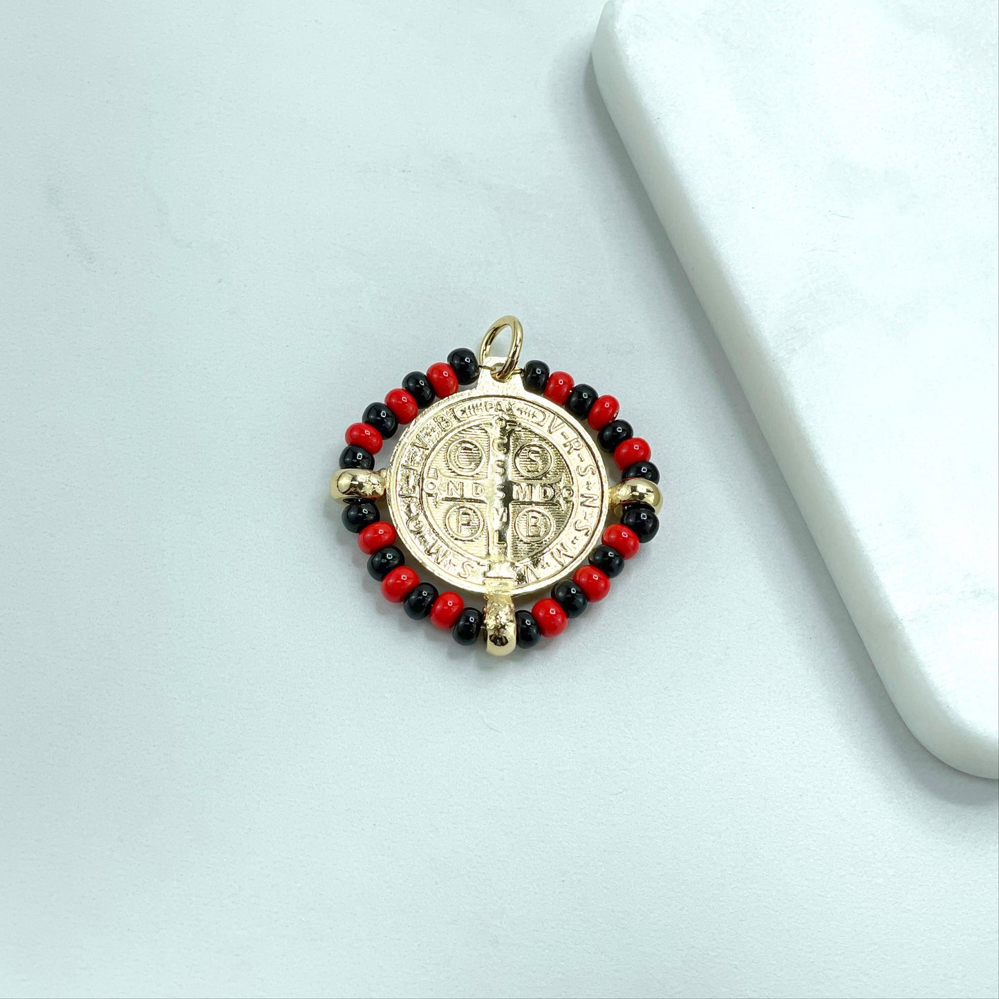 18k Gold Filled San Benito Coin, Black & Red Beads, 2 Sided Round Pendant Charms, Reversible San Benito, Wholesale Jewelry Making Supplies