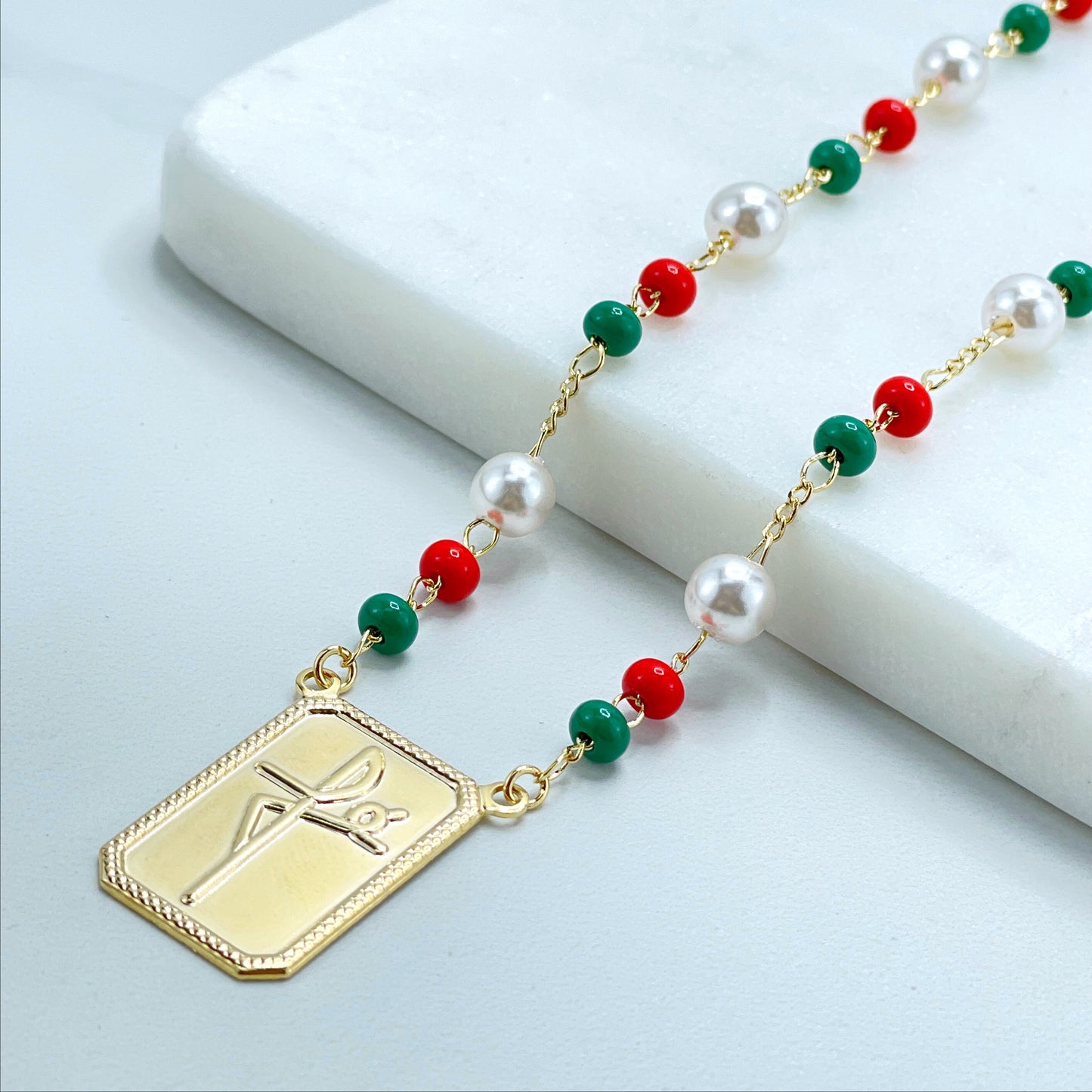 18k Gold Filled Beaded Necklace Scapulary, Plate with Fe Word Necklace Wholesale Jewelry Supplies