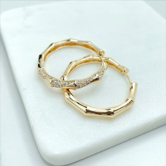 18k Gold Filled 36mm Bamboo Hoop Earrings with Micro Cubic Zirconia, 3mm Thickness, Wholesale Jewelry Making Supplies