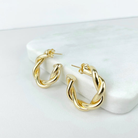 18k Gold Filled 25mm Twisted Hoop Earrings, C-Hoop, Push Back Closure, Wholesale Jewelry Supplies