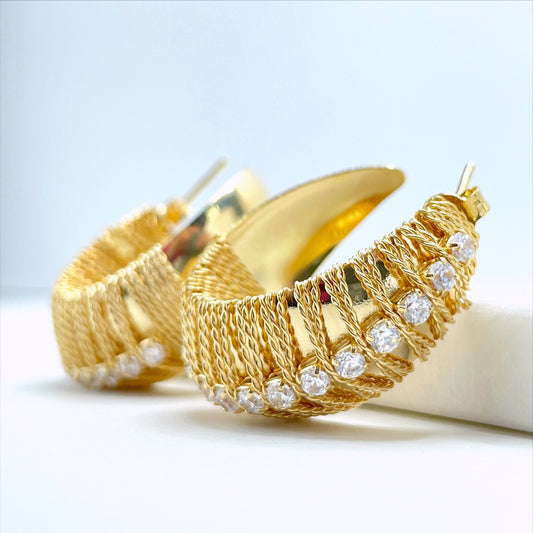 18k Gold Filled with Cubic Zirconia, 32mm C-Hoop Earrings, 15mm Thickness, Wholesale Jewelry Making Supplies