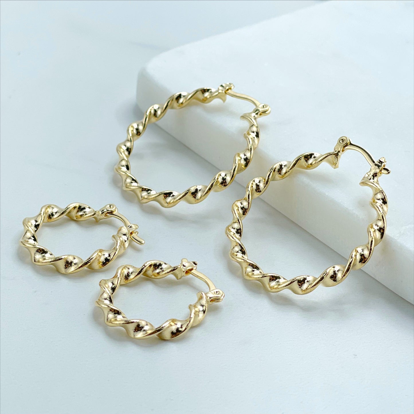 18k Gold Filled 20 or 30mm Twisted Hoop Earrings, Push Back Closure, Wholesale Jewelry Supplies
