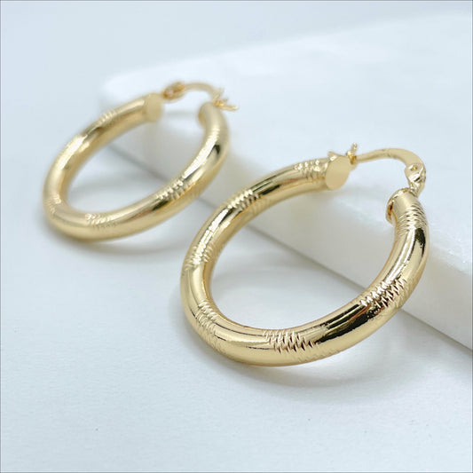 18k Gold Filled 30mm Textured Hoops Earrings, 4mm Thickness, Wholesale Jewelry Making Supplies