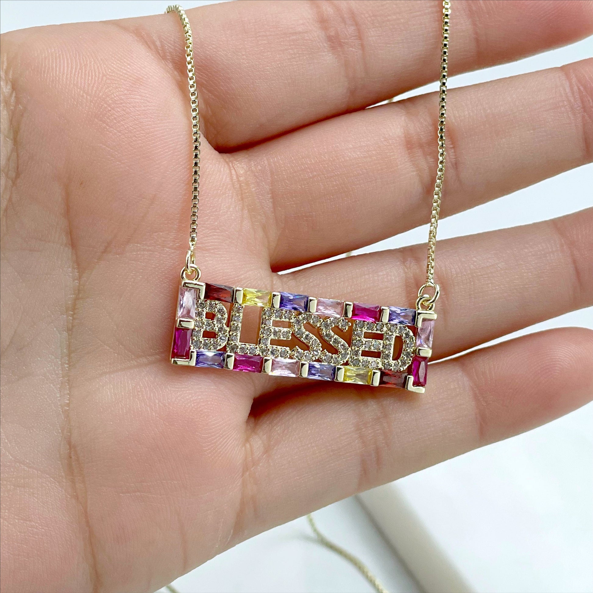 18k Gold Filled Fancy Box Chain, '' Blessed ''  Word, Colored Cubic Zirconia, Necklace, Wholesale Jewelry Supplies