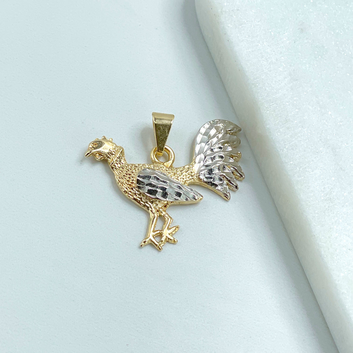 18k Gold Filled Texturized Rooster Shape Pendant Charms, Gold, Two Tone Wholesale Jewelry Making Supplies