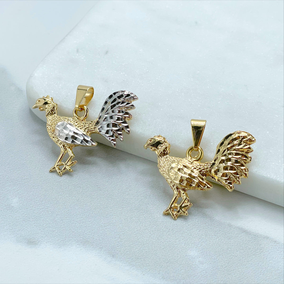 18k Gold Filled Texturized Rooster Shape Pendant Charms, Gold, Two Tone Wholesale Jewelry Making Supplies