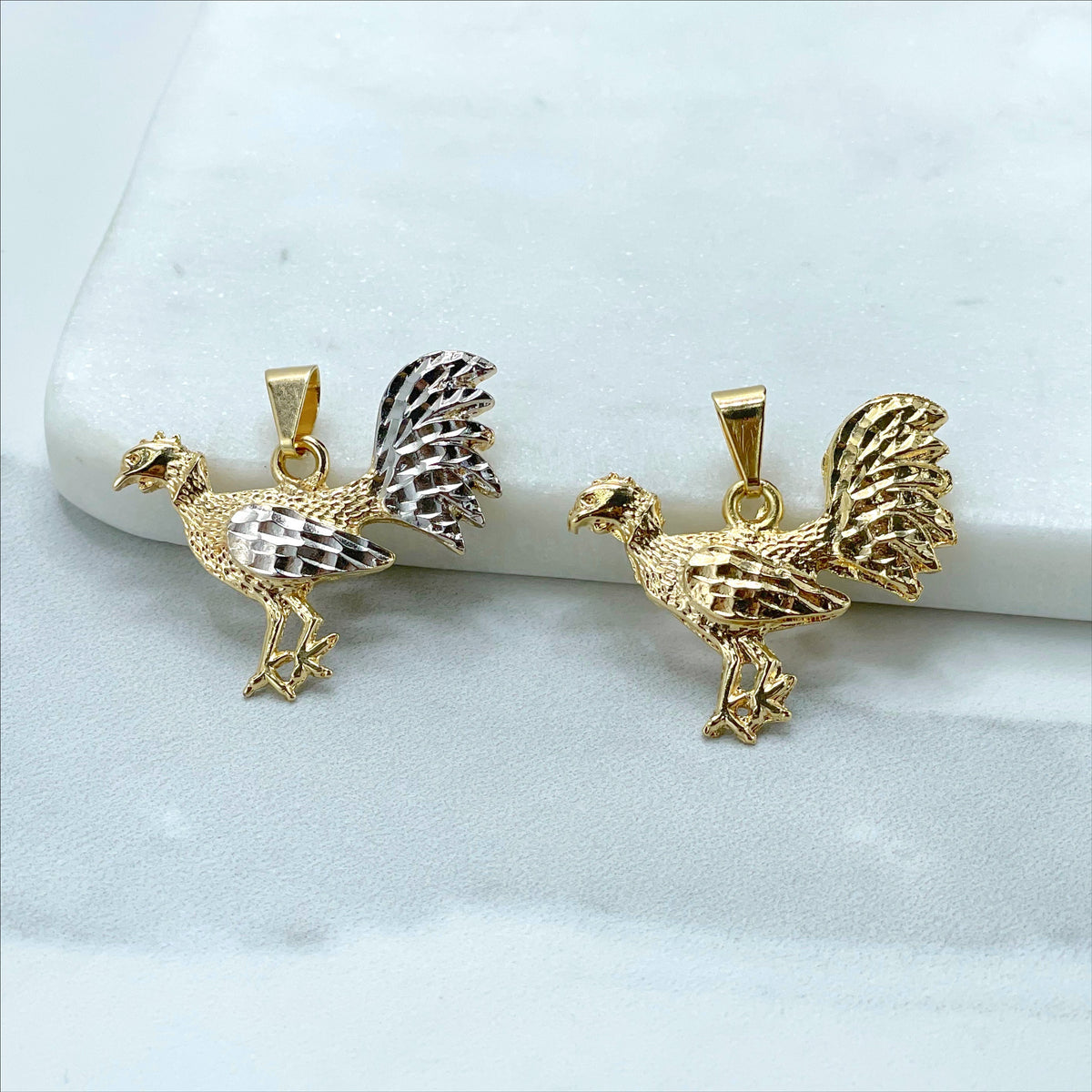 18k Gold Filled Texturized Rooster Shape Pendant Charms, Gold, Two Tone Wholesale Jewelry Making Supplies