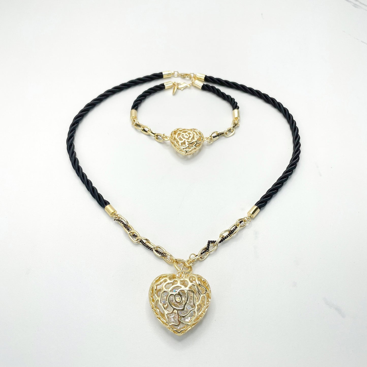 18k Gold Filled Black Satin Rope Set, Large Puffy Heart with Rattle Stones inside, 04 Pieces, Wholesale Jewelry Making Supplies