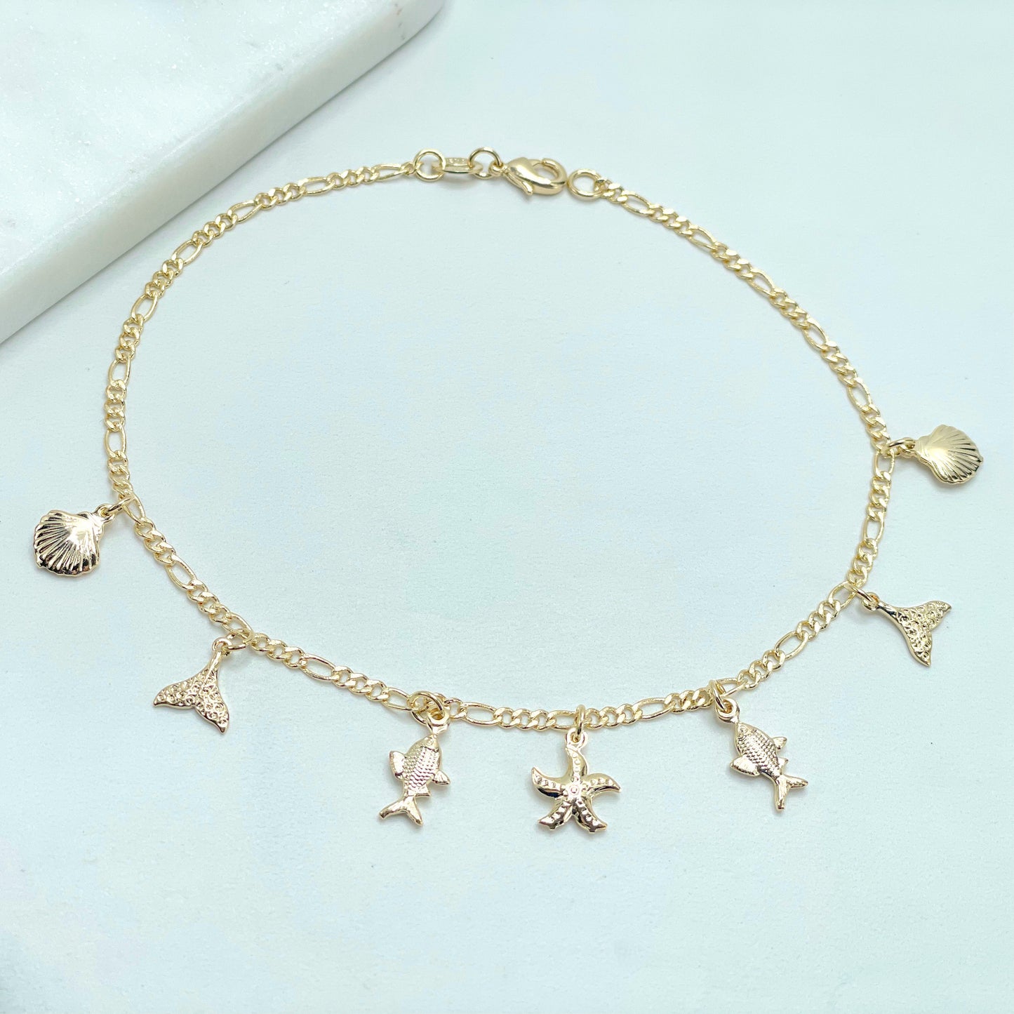 18k Gold Filled 2.4mm Figaro Link Chain, Sea Theme Charms, Starfish, Whale Tale, Fish, Shell, Anklet Wholesale Jewelry Making Supplies