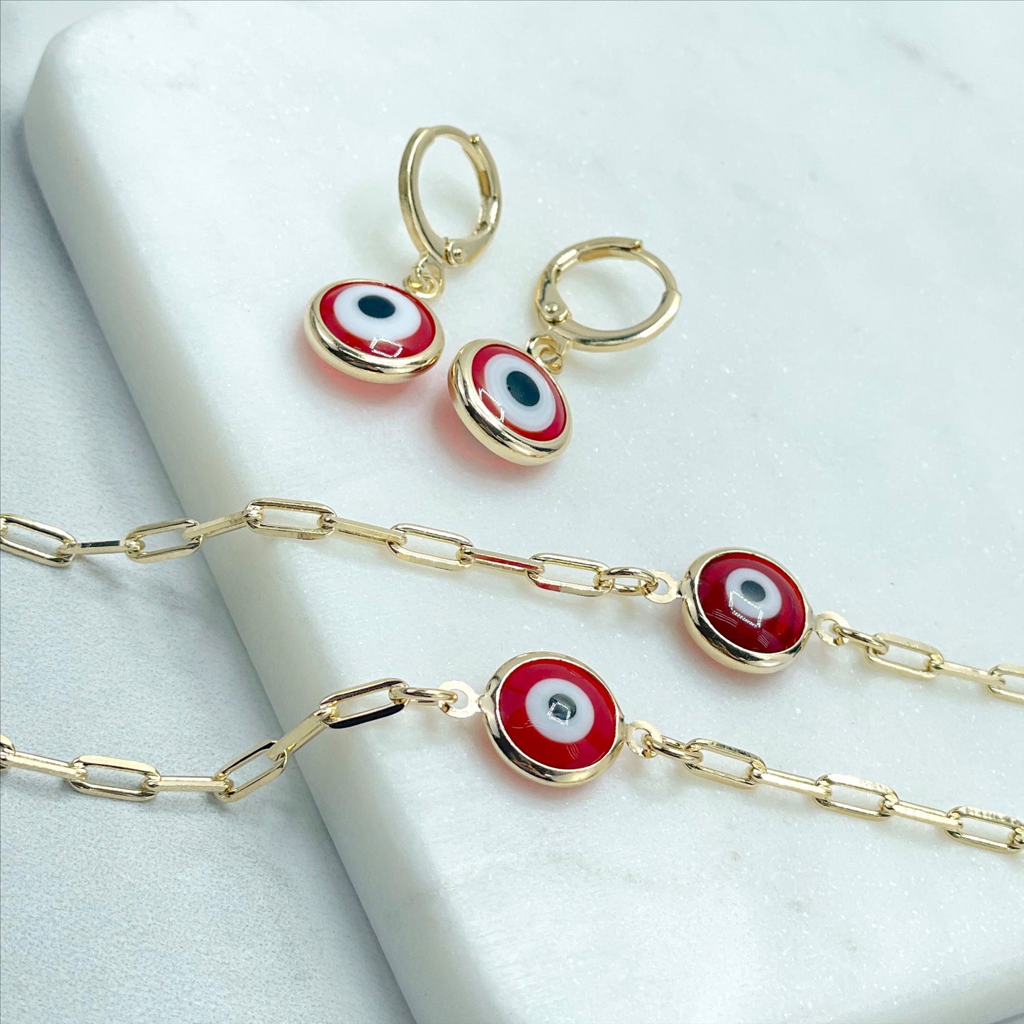 18k Gold Filled 3mm Paperclip Fancy Greek Red Eyes Bracelet, Earrings, Necklace, Set Wholesale Jewelry Supplies