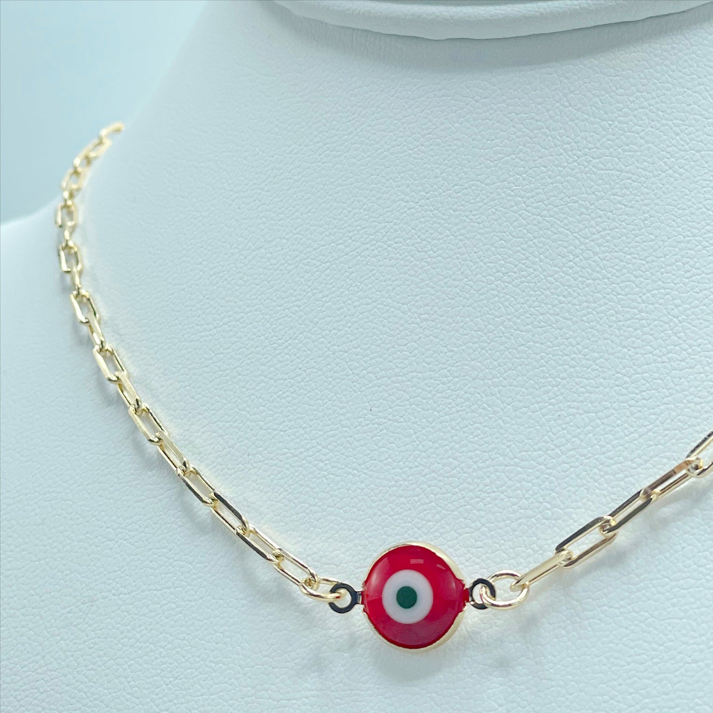 18k Gold Filled 3mm Paperclip Fancy Greek Red Eyes Bracelet, Earrings, Necklace, Set Wholesale Jewelry Supplies