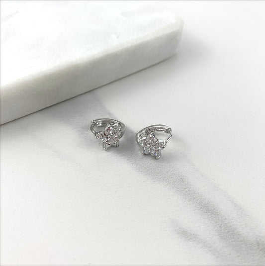 Silver Filled Clear Cubic Zirconia Flower Shape Design Leverback Huggie Hoops Earrings, Wholesale Jewelry Making Supplies