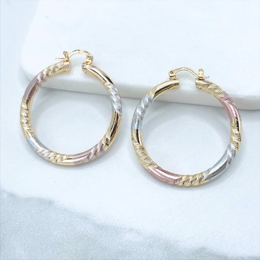 18k Gold Filled Three Tone, Tree Color 40mm Textured Hoop Earrings, 4mm Thickness Wholesale Jewelry Making Supplies