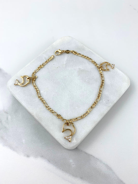 18k Gold Filled 3mm Figaro Chain Dolphins With Cubic Zirconia Anklet Wholesale Jewelry Supplies