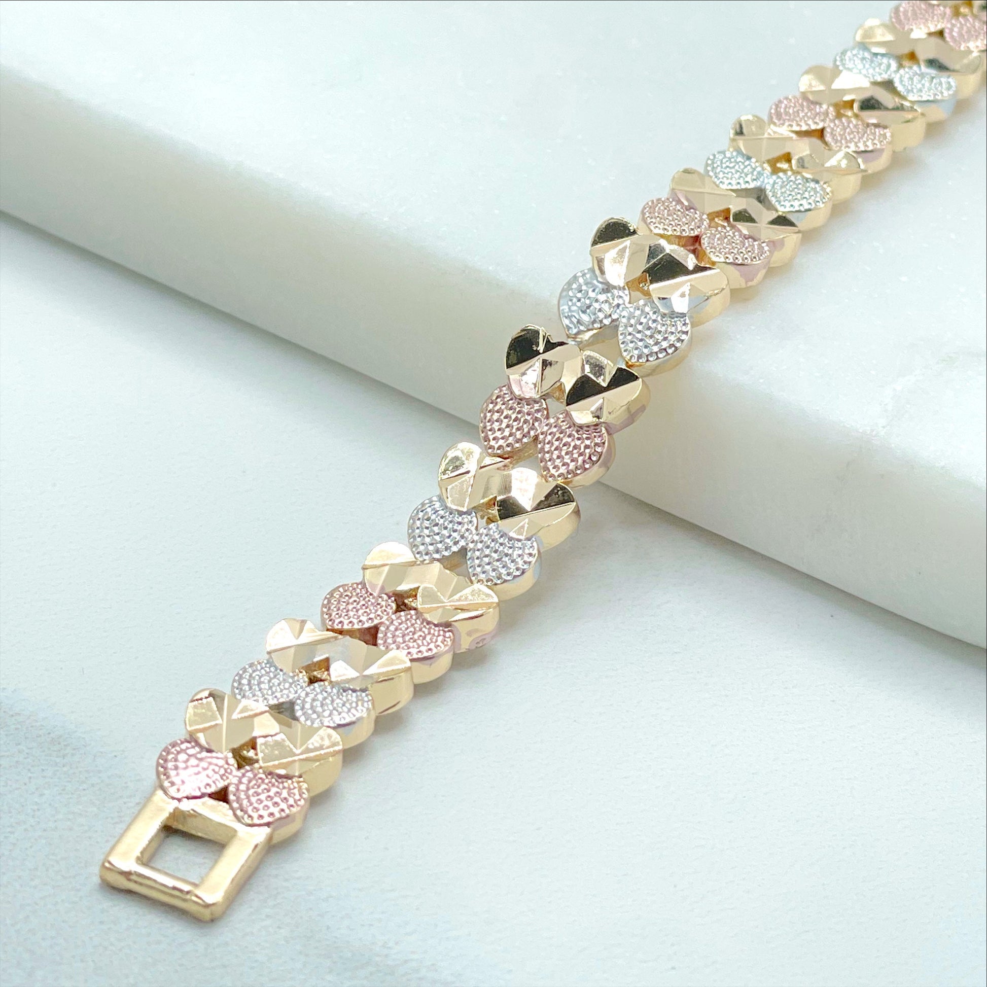 18k Gold Filled Three Tone Texturized Hearts 8 inches Bracelet Wholesale Jewelry Making Supplies