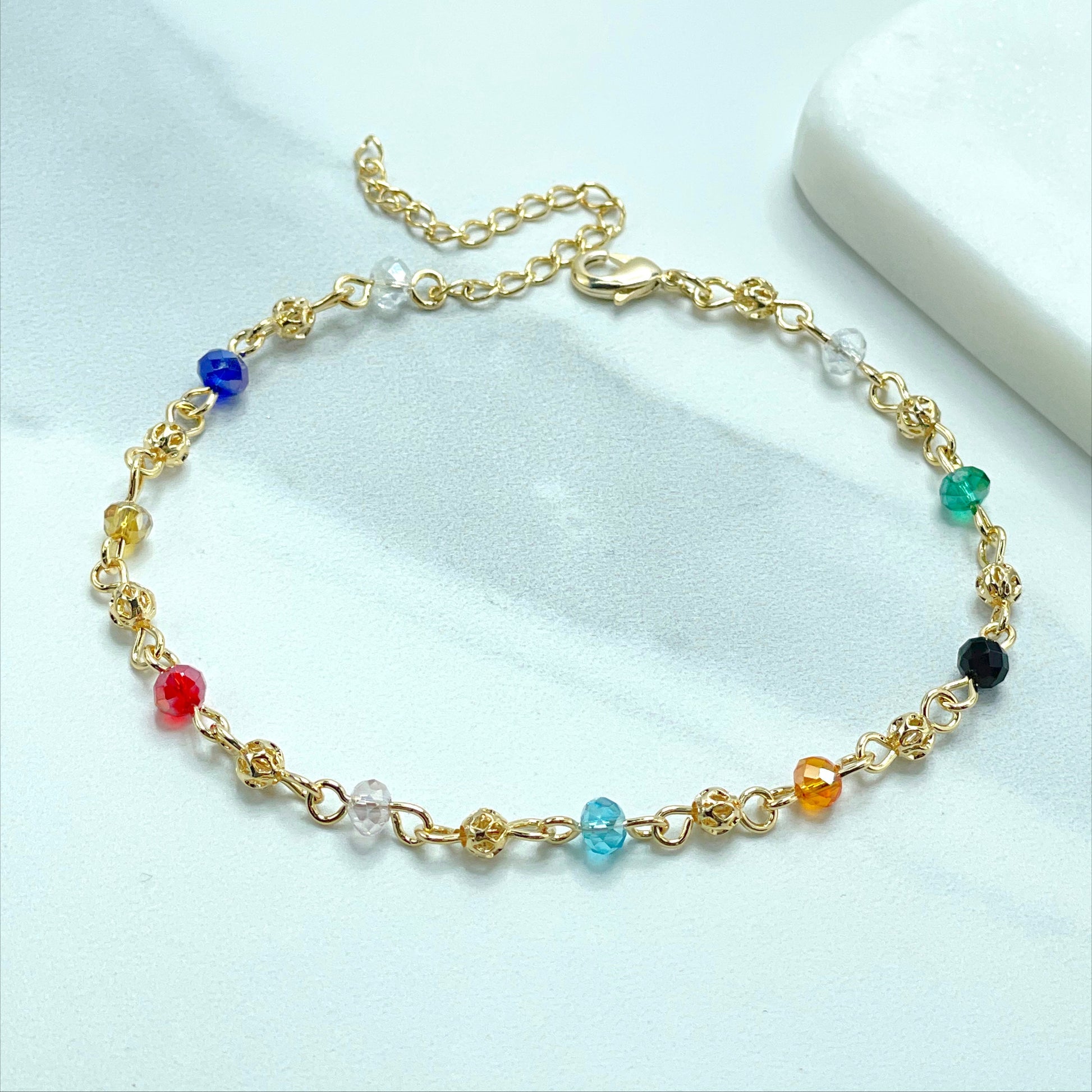 18k Gold Filled 3mm Colored Acrylic and Gold Beads Linked Bracelet with extender, Wholesale Jewelry Making Supplies