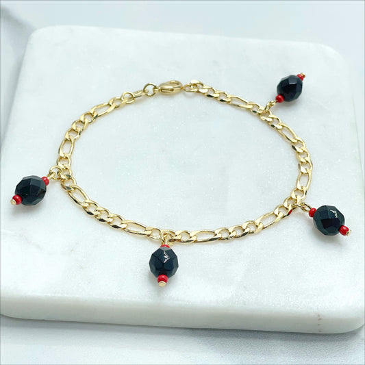 18k Gold Filled Figaro Link 5mm, Black and Red Beads, Tornasol, Litmus  Bracelet, Lucky & Protection, Wholesale Jewelry Making Supplies