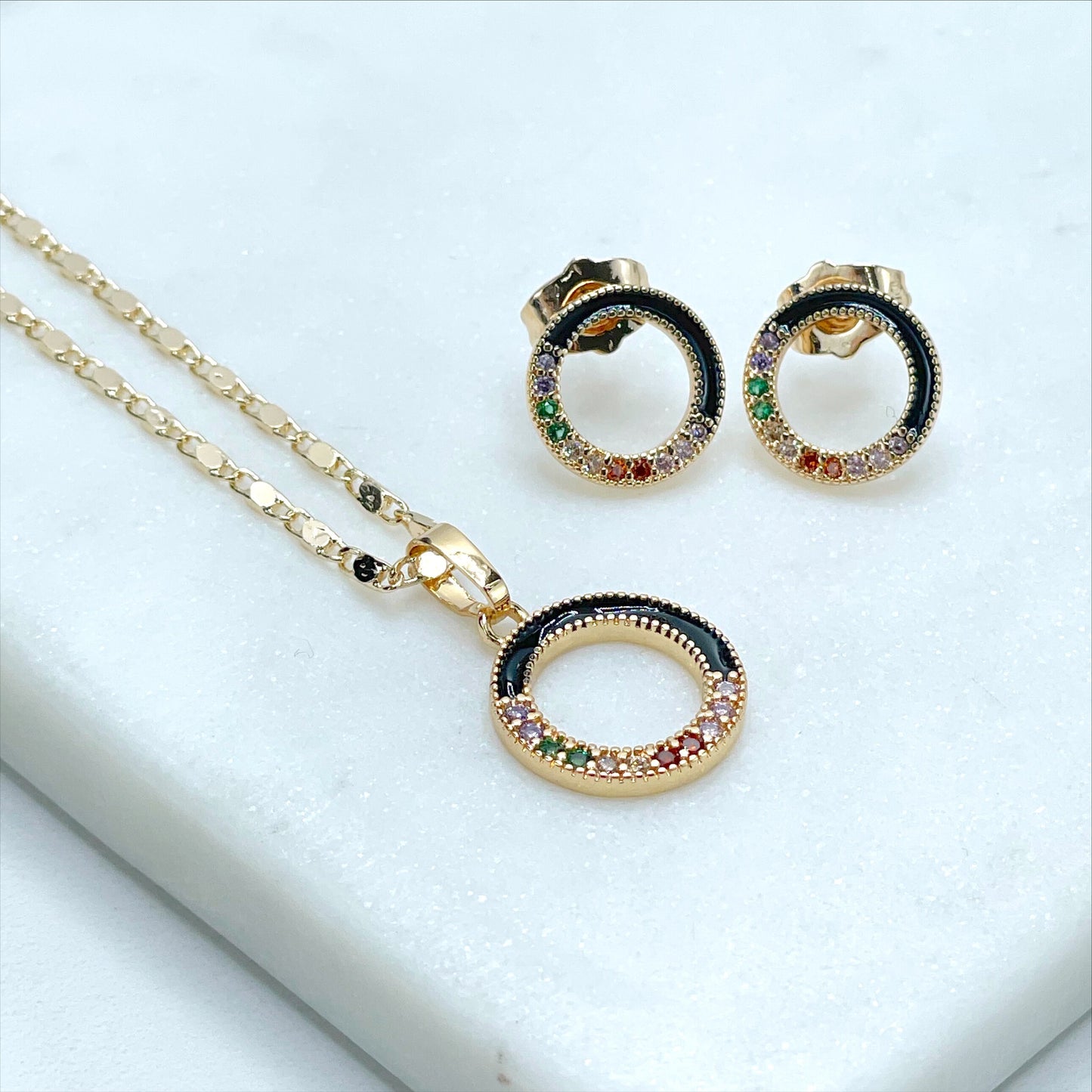 18k Gold Filled 1.5mm Mariner Link Chain with Colored Cubic Zirconia & Black Enamel Charms Necklace and Earrings Set, Wholesale Jewelry