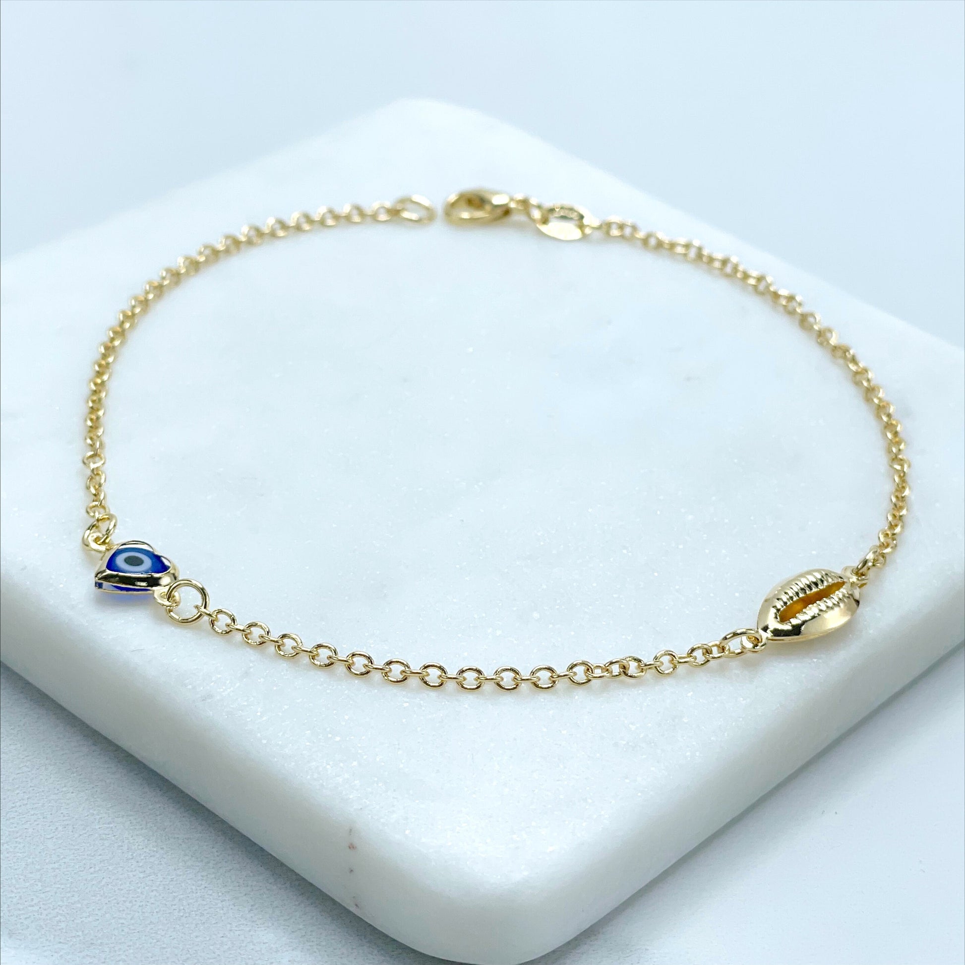 18k Gold Filled 2mm Rolo Link Chain with Snail & Blue Evil Eye Heart Shape Charms Linked Anklet, Wholesale Jewelry Making Supplies