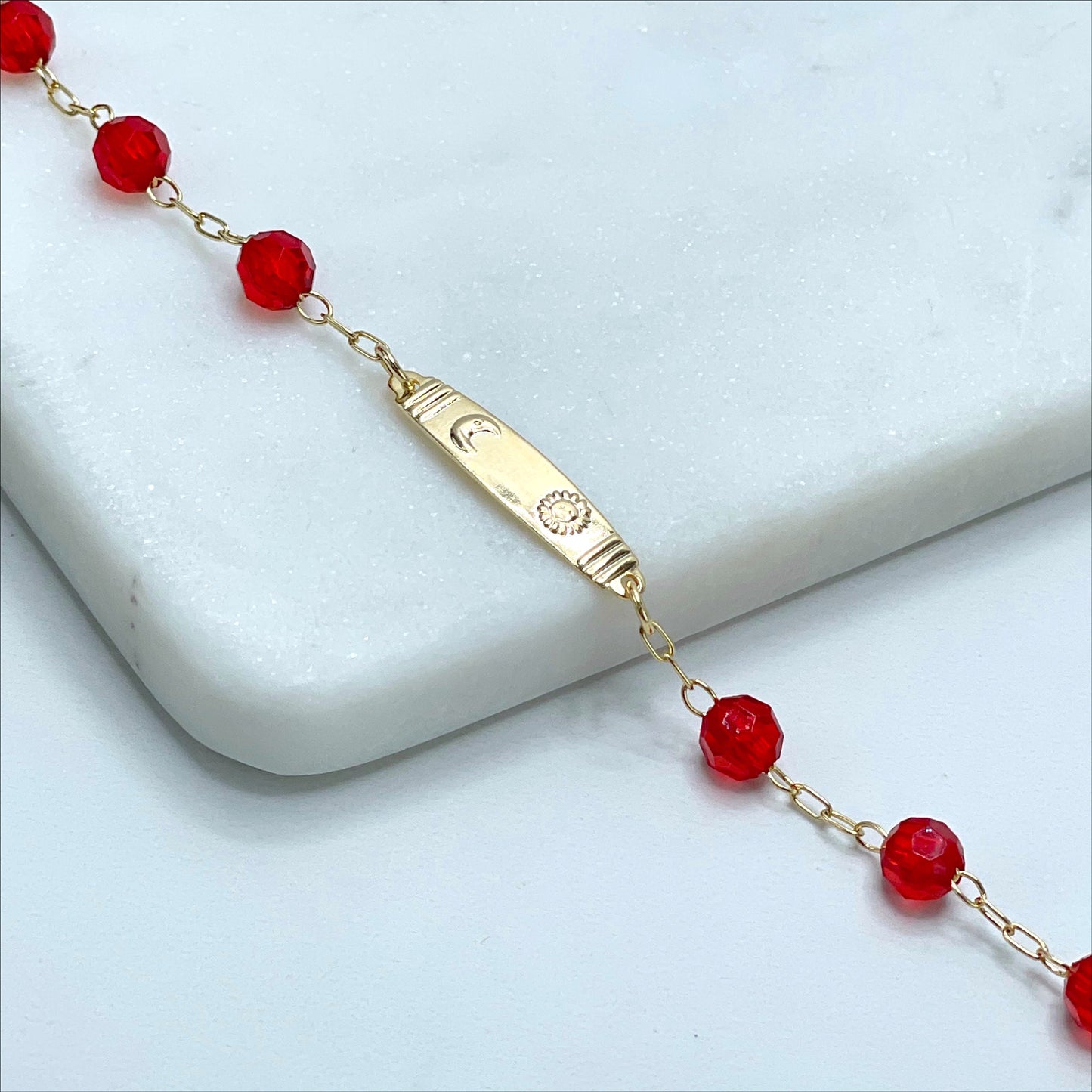 18k Gold Filled 2mm Paperclip Link ID Moon and Sun, Red Beads, Kids Bracelet Wholesale Jewelry Making Supplies