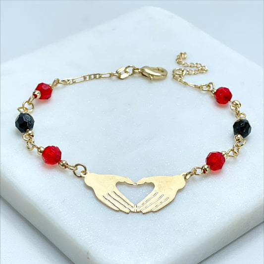 18k Gold Filled 2mm Figaro Link, Hands Heart Sign, Black and Red Beaded Bracelet Wholesale Jewelry Making Supplies