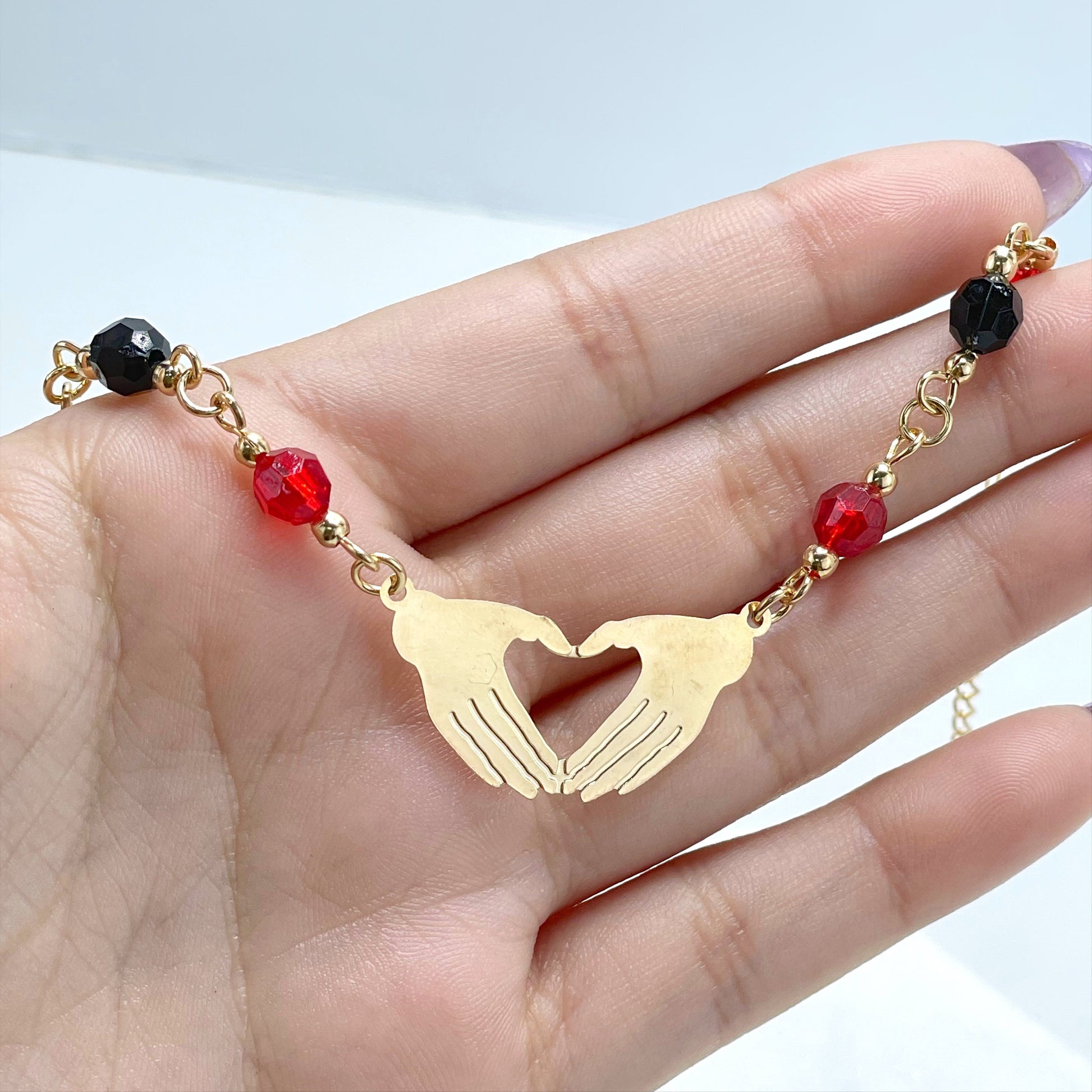 18k Gold Filled 2mm Figaro Link, Hands Heart Sign, Black and Red Beaded Bracelet Wholesale Jewelry Making Supplies