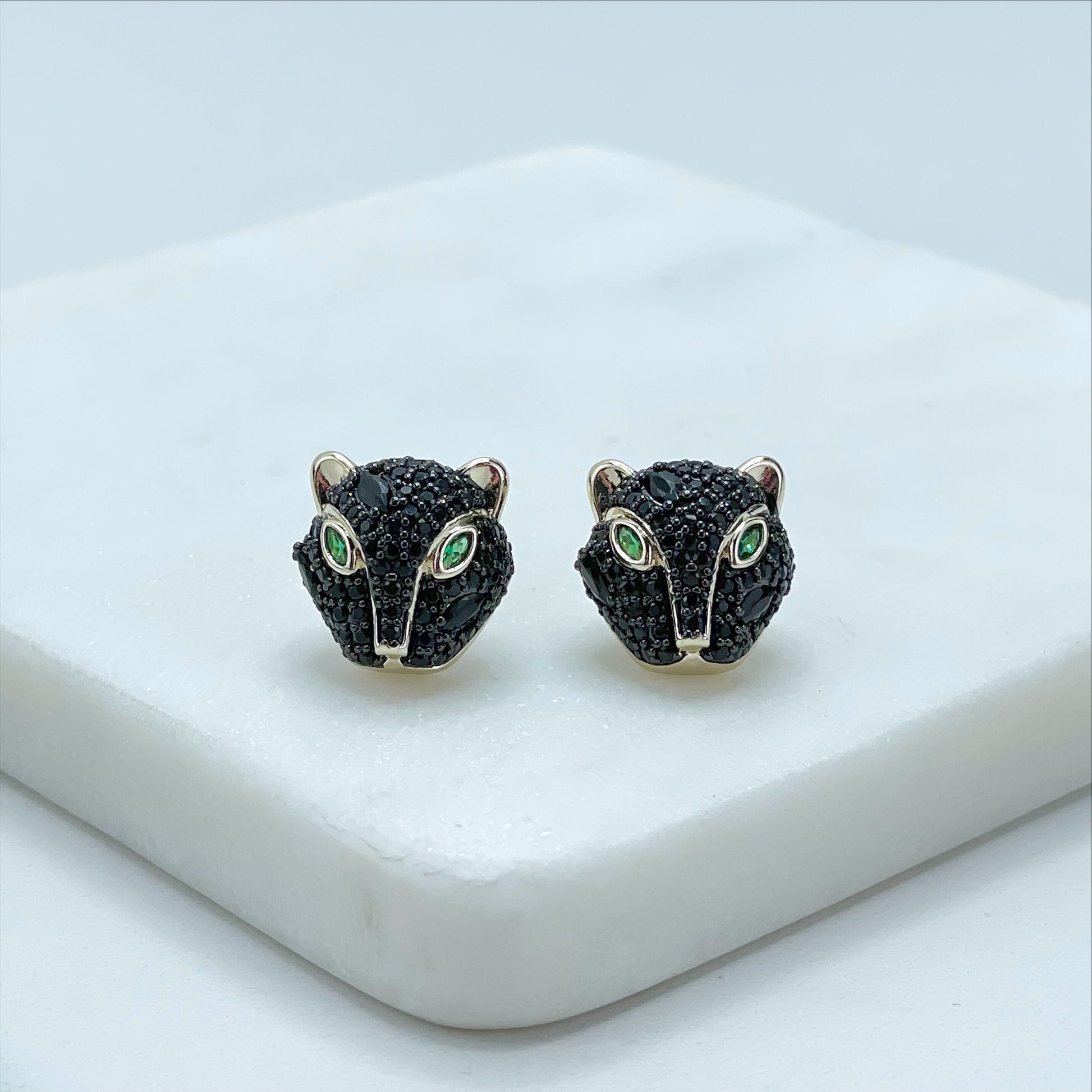 18k Gold Filled Black Micro Pave Cubic Zirconia with Panther Head Design Stud Earrings Wholesale Jewelry Making Supplies