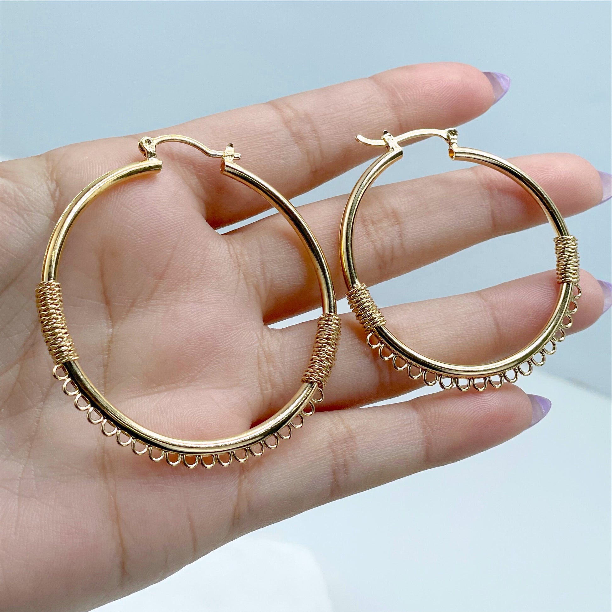 18k Gold Filled 42mm or 50mm Textured Rolled, Hoops 4mm Thickness, Handmade Earrings Wholesale Jewelry Making Supplies