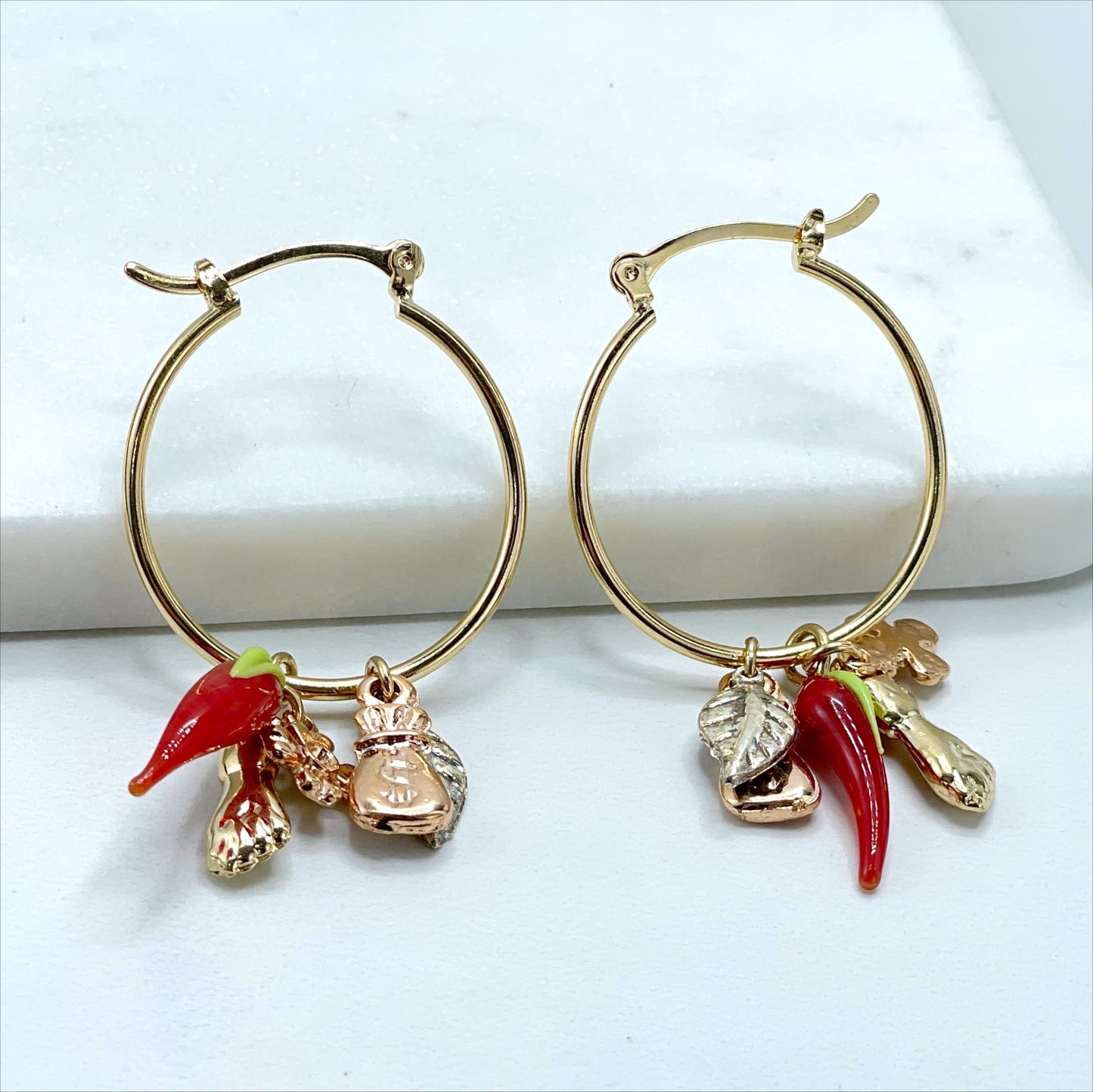 18k Gold Filled Lucky Luck Hoops with Chili, Money Bag, Leaf, Hand & Clover Charms, 28mm Hoops Earrings, Wholesale Jewelry Making Supplies
