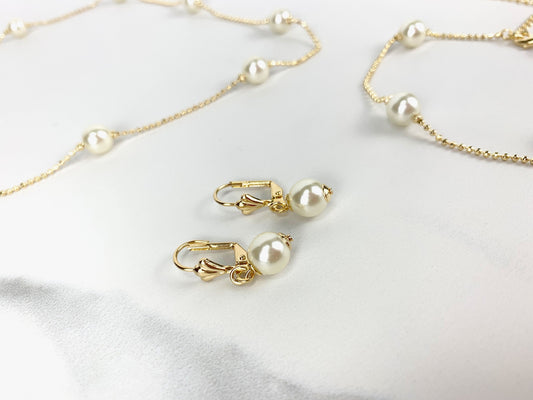 18k Gold Filled 1mm Rolo Link Chain White Simulated Pearls Set Fancy Necklace, Earrings and Bracelet, Wholesale Jewelry Making Supplies