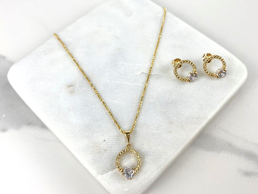 18k Gold Filled, Fancy 1mm Chain Circle With CZ Cubic Zirconia Necklace Earrings Set, Wholesale and Jewelry Supplies