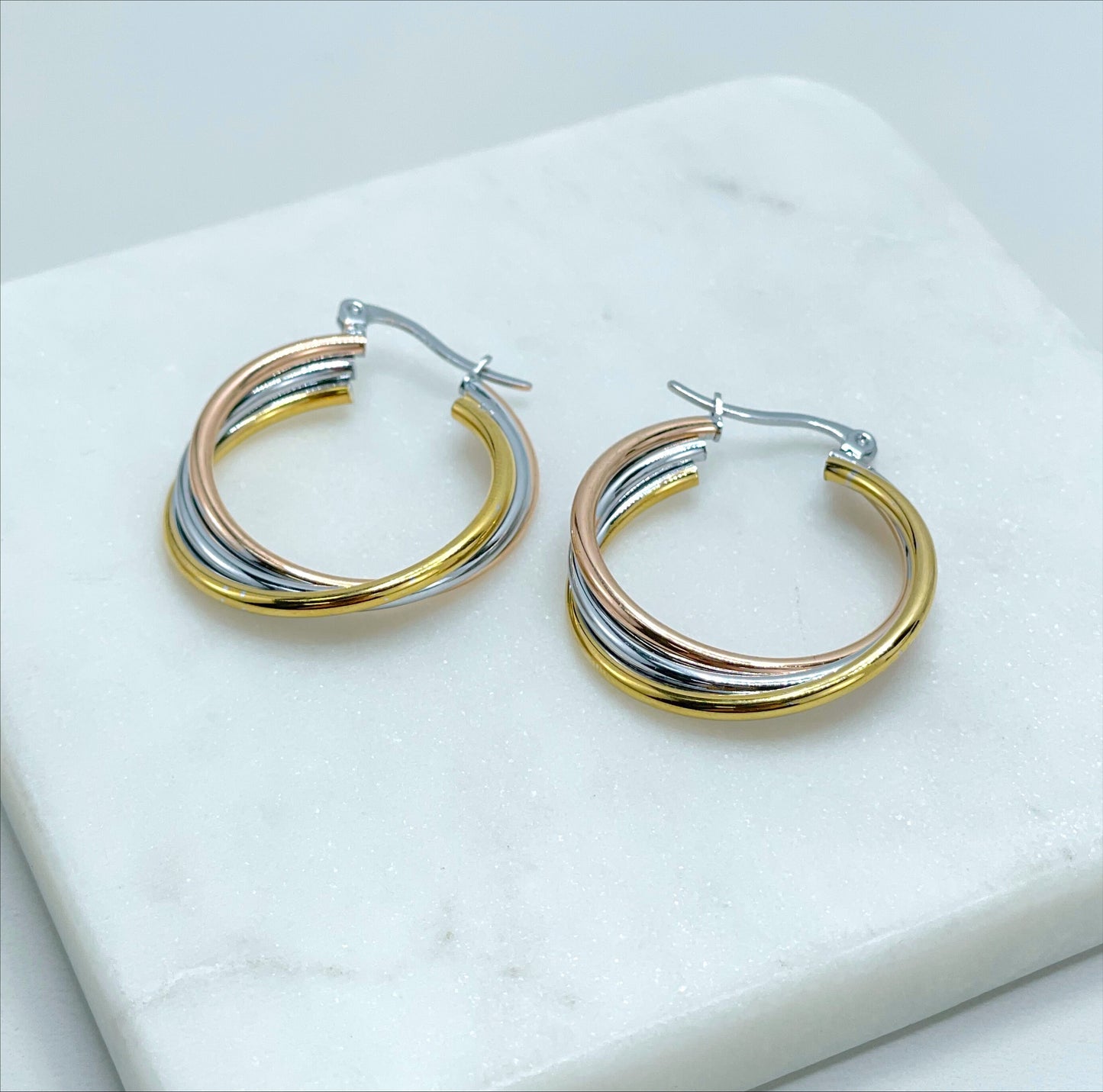 18k Gold Filled Three Tone Detail, 29mm Twisted, 6mm Thickness Hoop Earrings Wholesale Jewelry Making Supplies