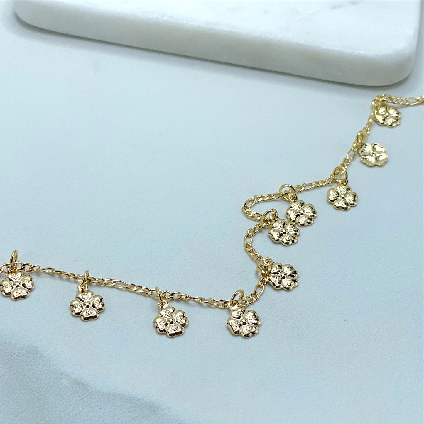 18k Gold Filled 2mm Figaro Link, Flowers Charms Anklet Wholesale Jewelry Supplies